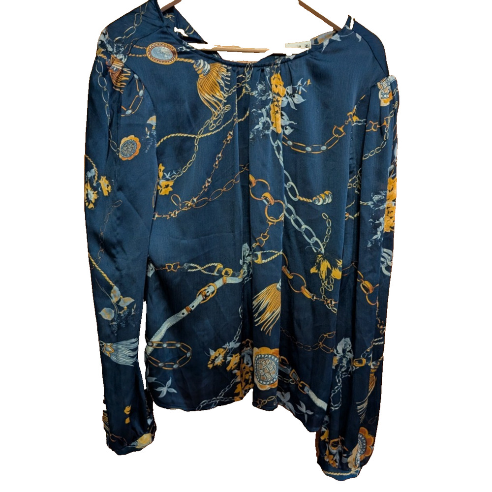 NEW LEYDEN Navy Chain Print Blouse Shirt Top LARGE NWT